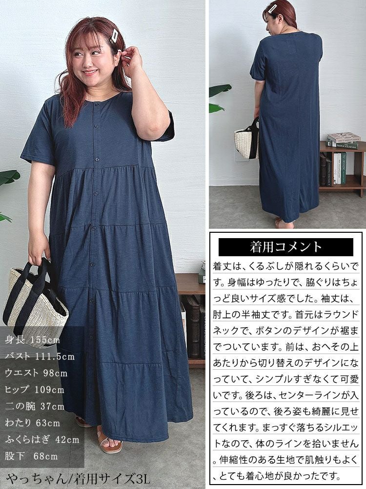 大きいサイズ レディース 前ボタンティアードマキシワンピース　cast-5544026