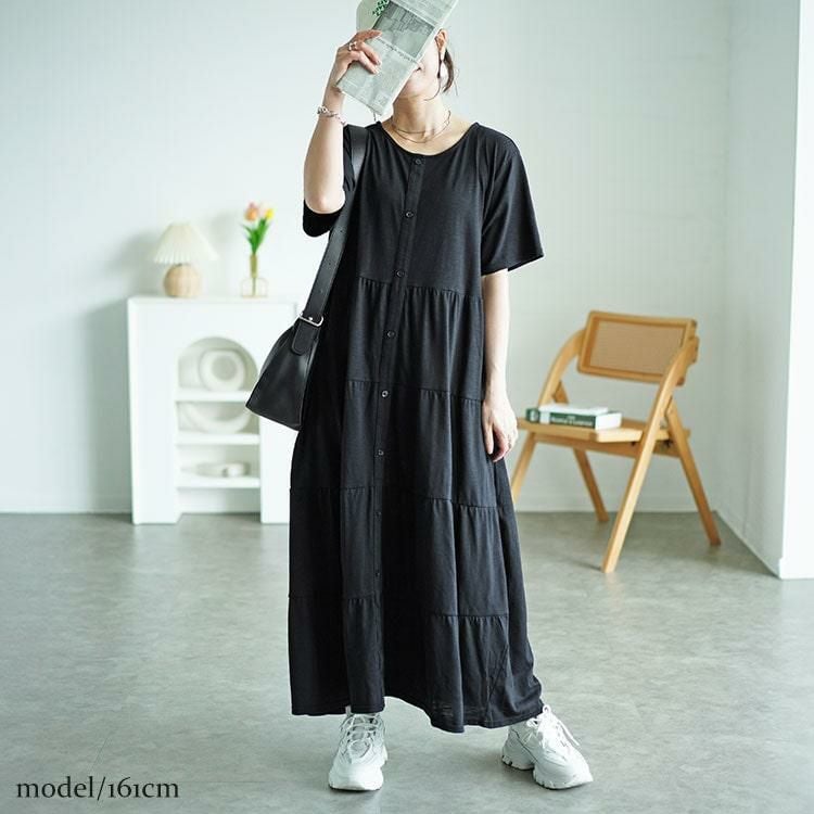 大きいサイズ レディース 前ボタンティアードマキシワンピース cast