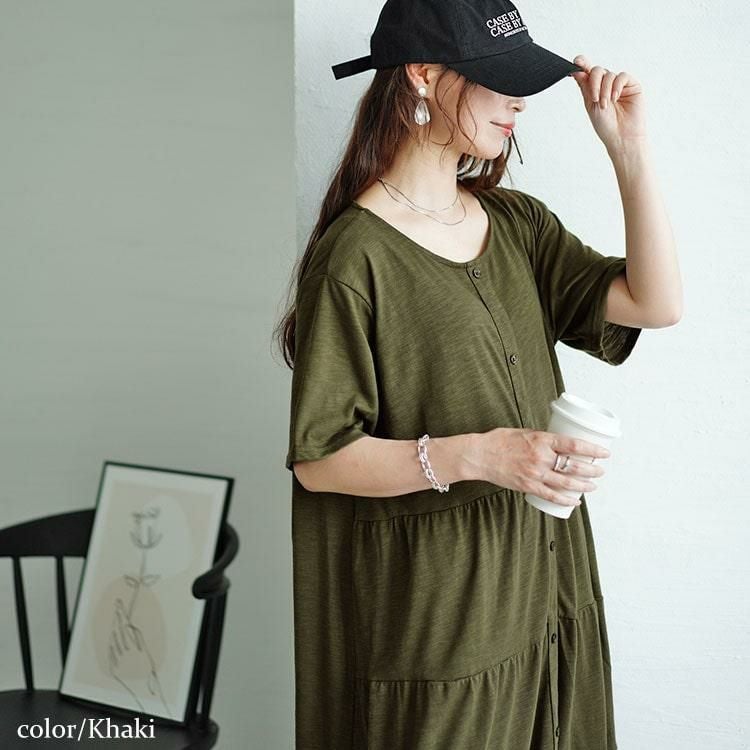大きいサイズ レディース 前ボタンティアードマキシワンピース　cast-5544026 カーキ