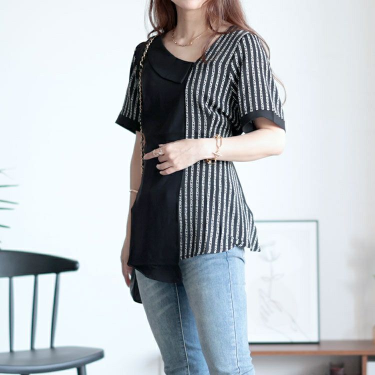 大きいサイズ レディース 柄切替えアシンメトリートップス　goldy-1525 【メール便可】