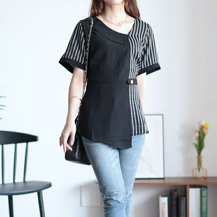 大きいサイズ レディース 柄切替えアシンメトリートップス　goldy-1525 【メール便可】