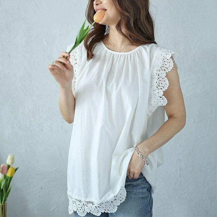 大きいサイズ レディース レース使いギャザープルオーバー　nh240350 【メール便可】