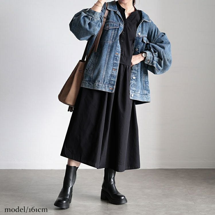 大きいサイズ レディース レイヤード風スキッパーネックフレアワンピース　fem-486