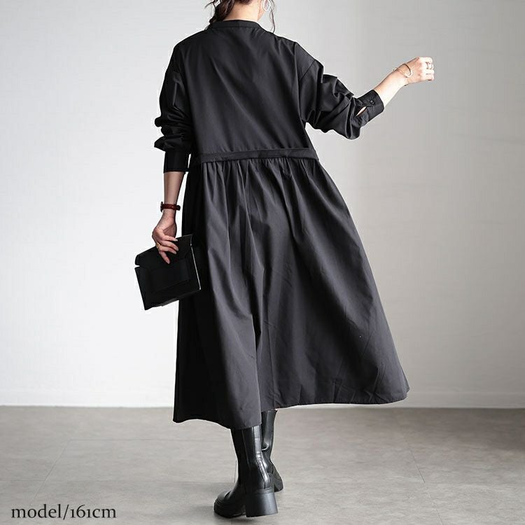 大きいサイズ レディース レイヤード風スキッパーネックフレアワンピース　fem-486