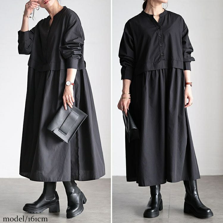 大きいサイズ レディース レイヤード風スキッパーネックフレアワンピース　fem-486