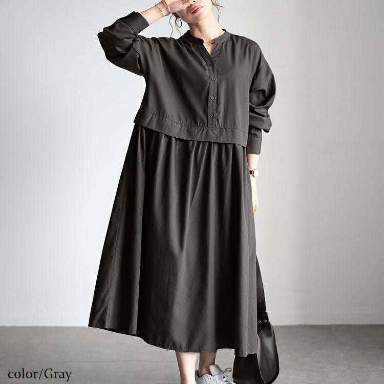 大きいサイズ レディース レイヤード風スキッパーネックフレアワンピース　fem-486