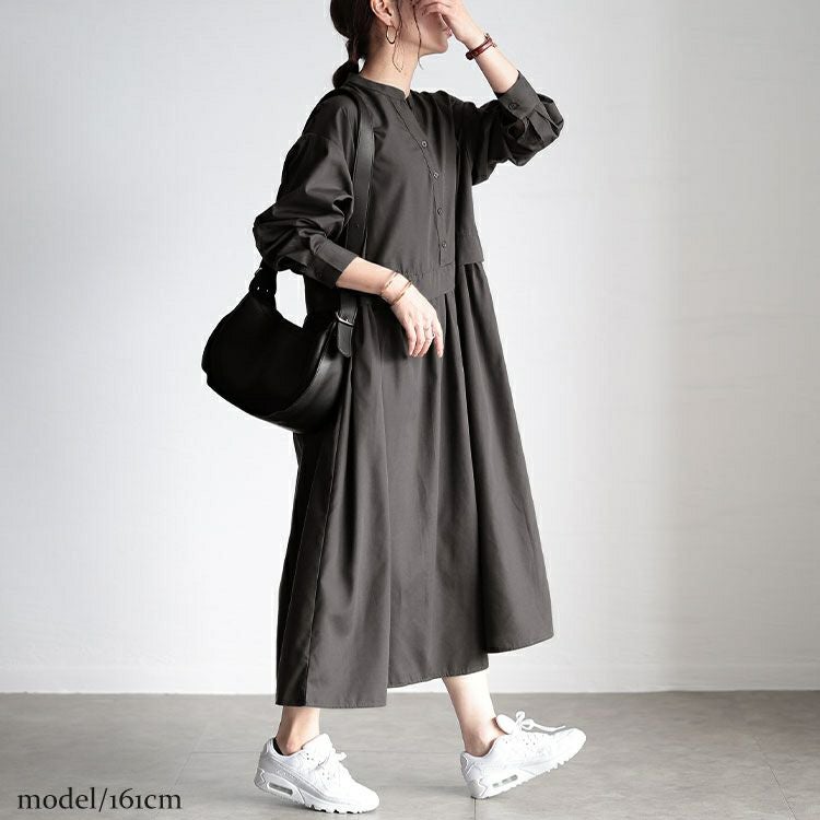 大きいサイズ レディース レイヤード風スキッパーネックフレアワンピース　fem-486