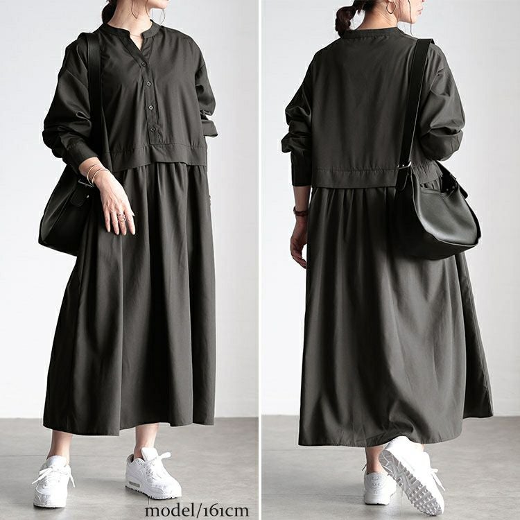 大きいサイズ レディース レイヤード風スキッパーネックフレアワンピース　fem-486