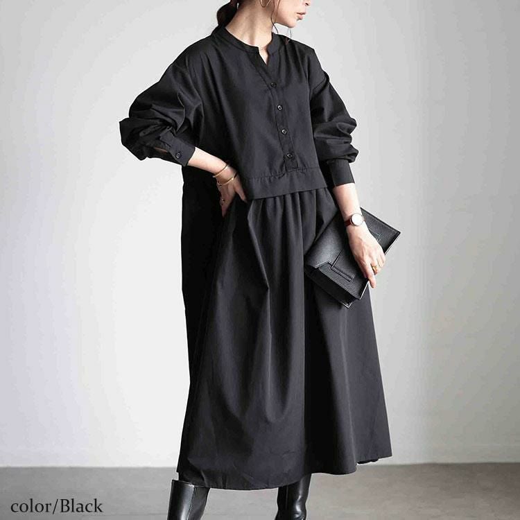 大きいサイズ レディース レイヤード風スキッパーネックフレアワンピース　fem-486 ブラック