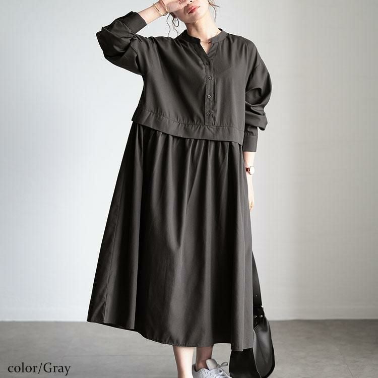 大きいサイズ レディース レイヤード風スキッパーネックフレアワンピース　fem-486 グレー