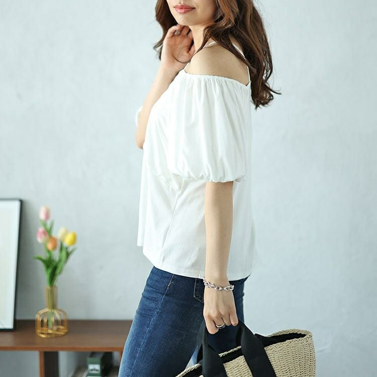 大きいサイズ レディース 2wayフロントシャーリングパフスリーブTシャツ　nh240345 【メール便可】