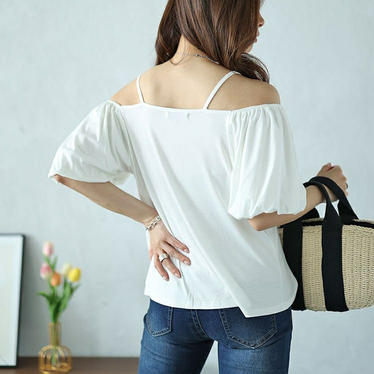 大きいサイズ レディース 2wayフロントシャーリングパフスリーブTシャツ　nh240345 【メール便可】