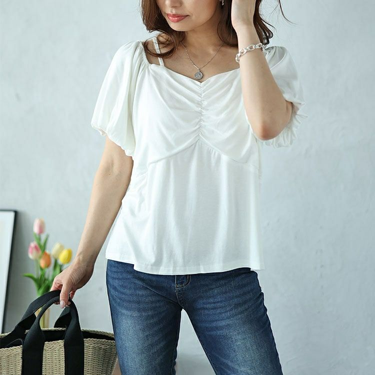 大きいサイズ レディース 2wayフロントシャーリングパフスリーブTシャツ　nh240345 【メール便可】