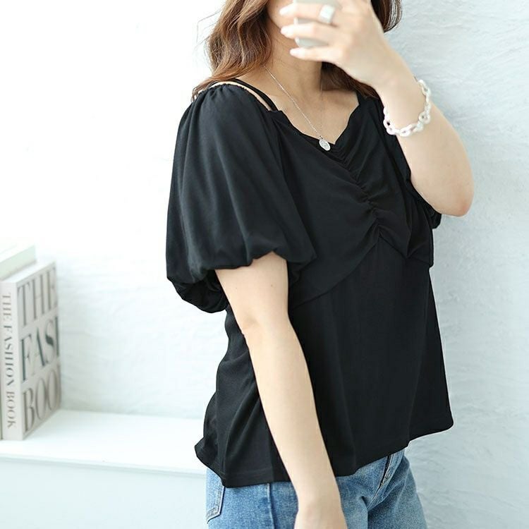 大きいサイズ レディース 2wayフロントシャーリングパフスリーブTシャツ　nh240345 【メール便可】