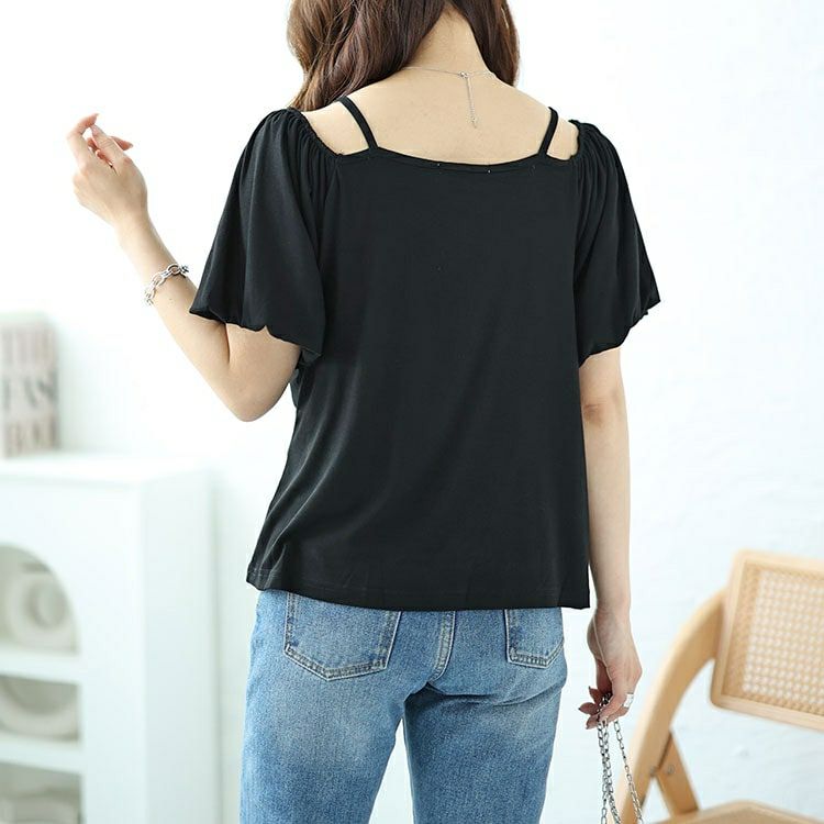 大きいサイズ レディース 2wayフロントシャーリングパフスリーブTシャツ　nh240345 【メール便可】