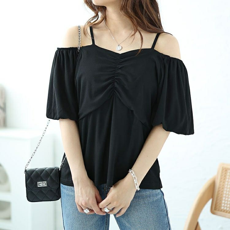 大きいサイズ レディース 2wayフロントシャーリングパフスリーブTシャツ　nh240345 【メール便可】