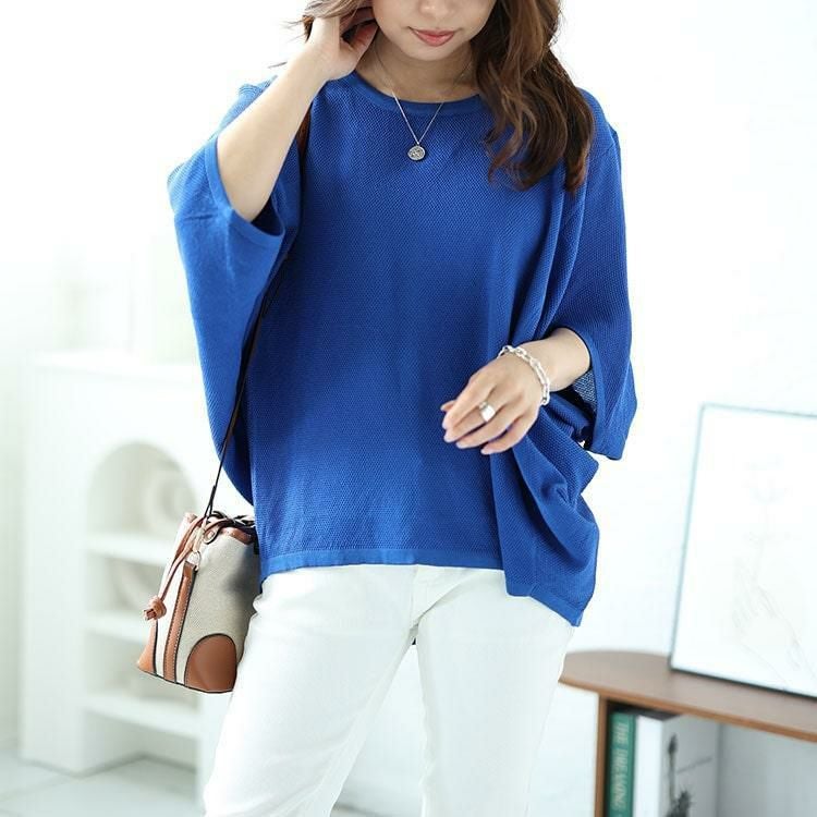 大きいサイズ レディース 変形スリーブワイドドルマンニット　nh240344 ブルー