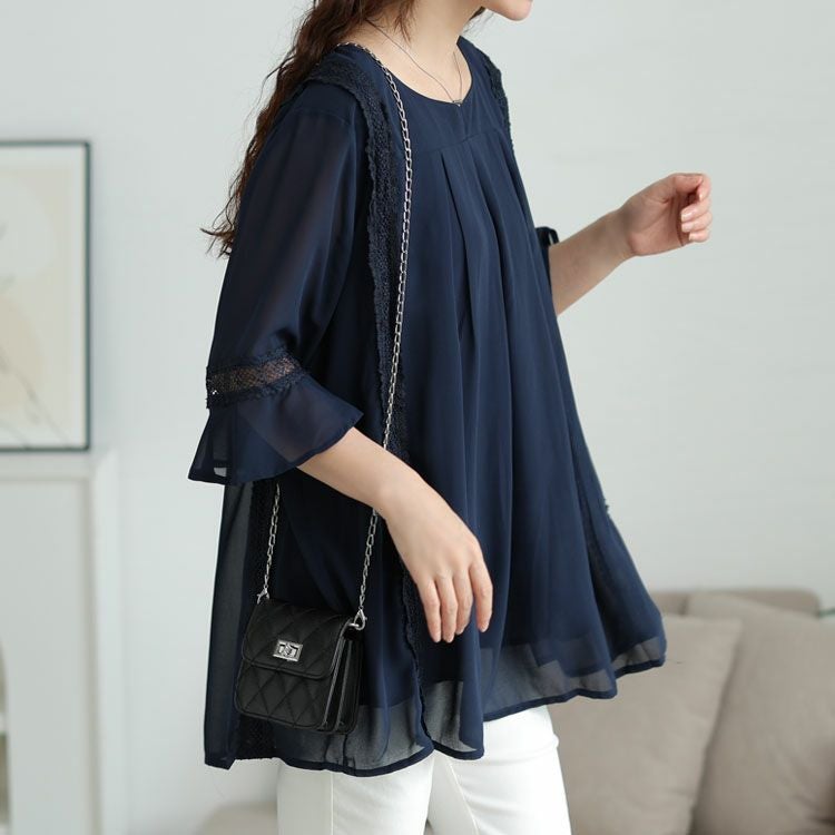 大きいサイズ レディース バックプリーツタックシフォンチュニック　nh240364 【メール便可】