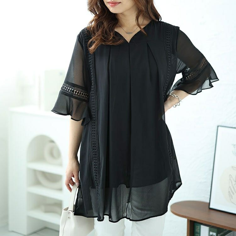 大きいサイズ レディース バックプリーツタックシフォンチュニック　nh240364 【メール便可】