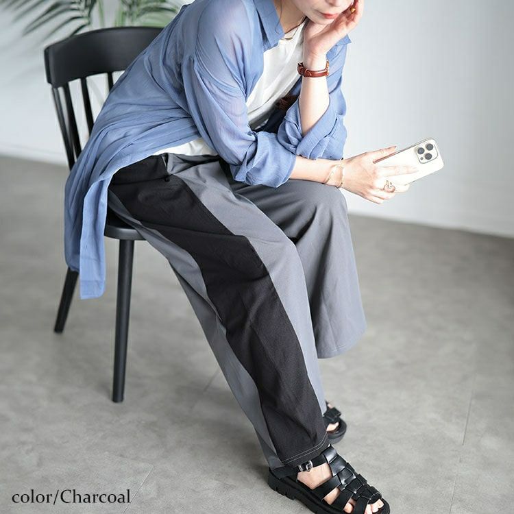 大きいサイズ レディース サイド配色切り替えワイドパンツ　maru-30045