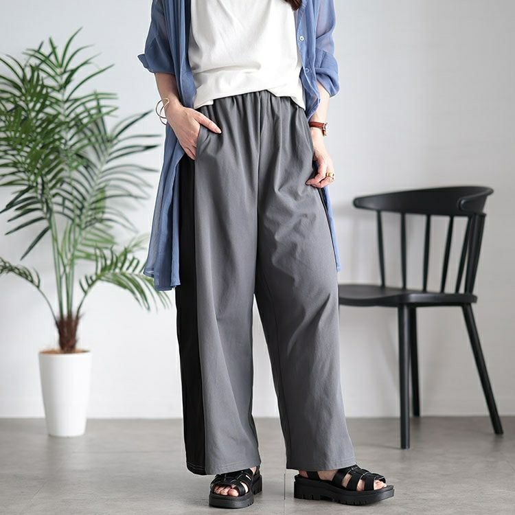 大きいサイズ レディース サイド配色切り替えワイドパンツ　maru-30045