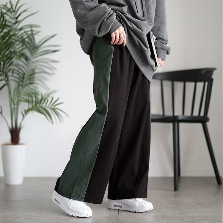 大きいサイズ レディース サイド配色切り替えワイドパンツ　maru-30045 ブラック