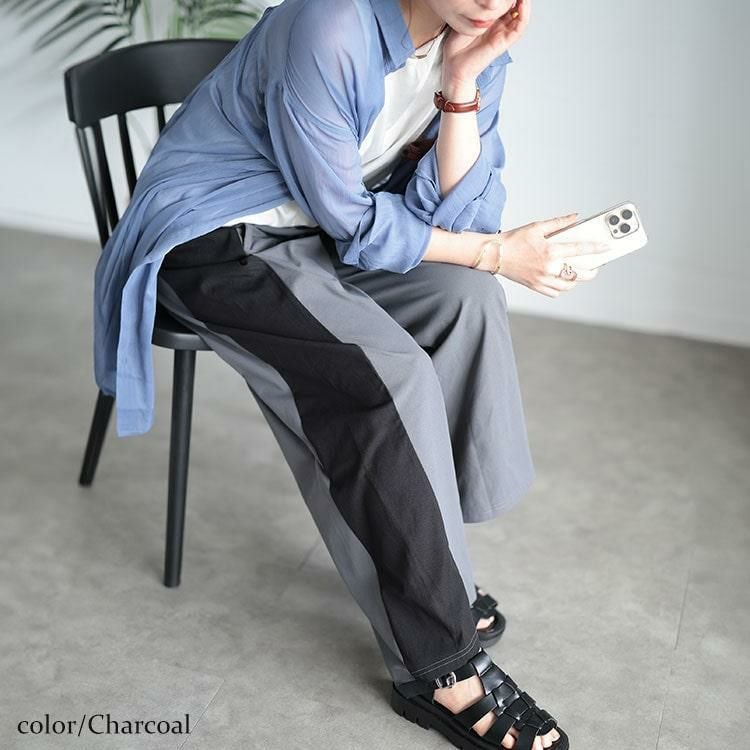 大きいサイズ レディース サイド配色切り替えワイドパンツ　maru-30045 チャコール