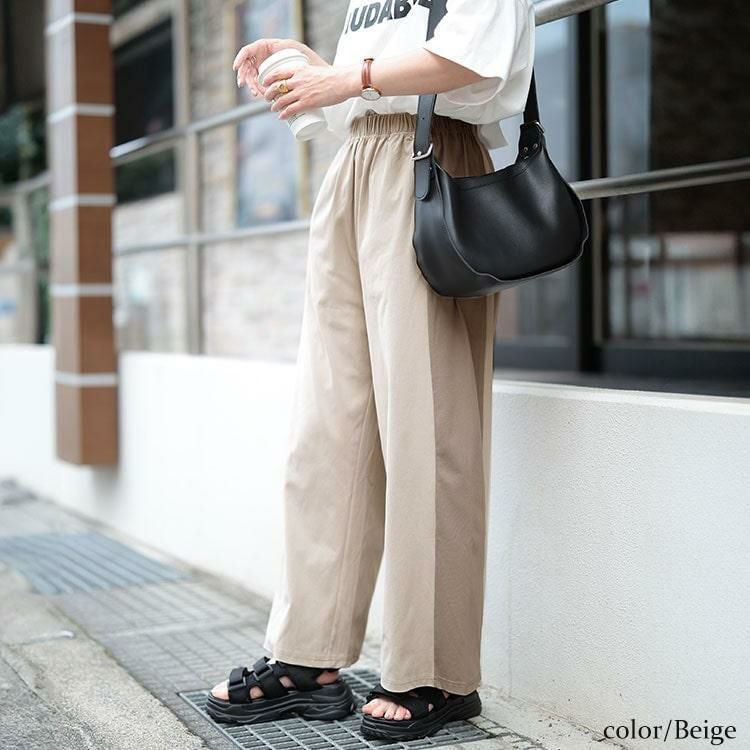大きいサイズ レディース サイド配色切り替えワイドパンツ　maru-30045 ベージュ