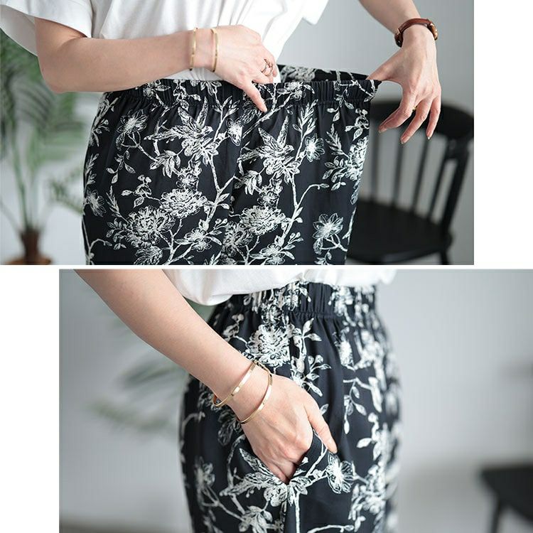 大きいサイズ レディース ボタニカルフラワー＆バード柄ワイドパンツ　maru-30033 【メール便可】