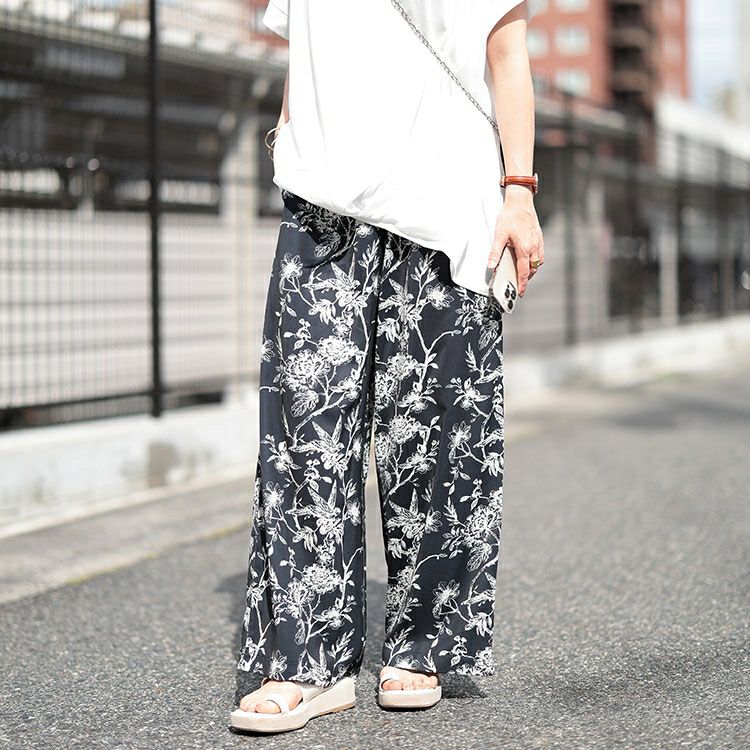 大きいサイズ レディース ボタニカルフラワー＆バード柄ワイドパンツ　maru-30033 【メール便可】