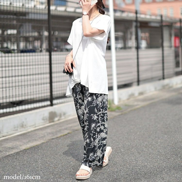 大きいサイズ レディース ボタニカルフラワー＆バード柄ワイドパンツ　maru-30033 【メール便可】