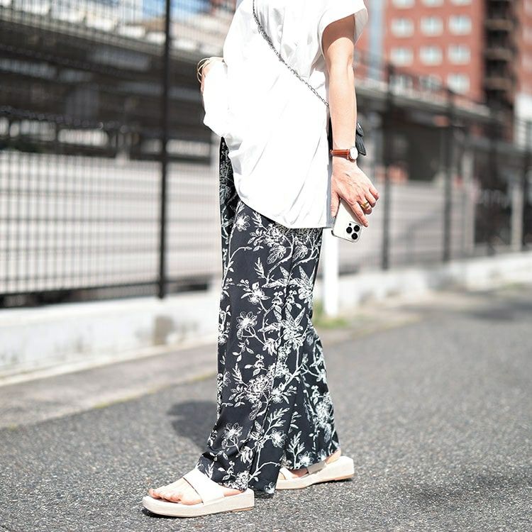 大きいサイズ レディース ボタニカルフラワー＆バード柄ワイドパンツ　maru-30033 【メール便可】