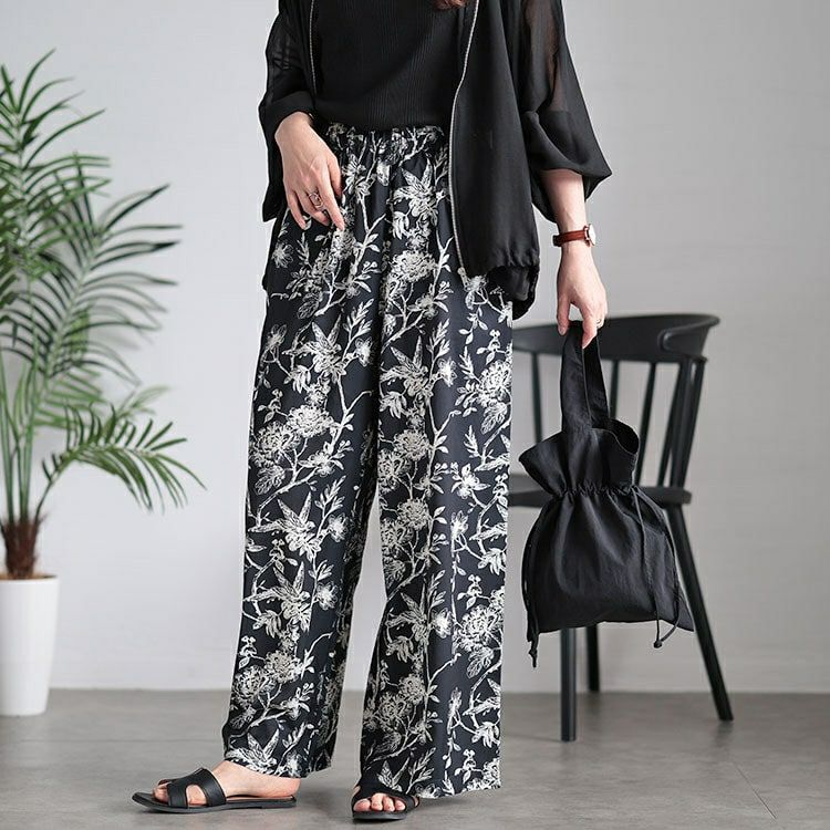 大きいサイズ レディース ボタニカルフラワー＆バード柄ワイドパンツ　maru-30033 【メール便可】