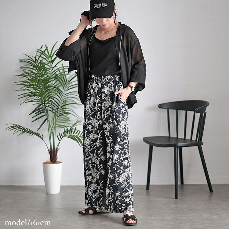 大きいサイズ レディース ボタニカルフラワー＆バード柄ワイドパンツ　maru-30033 【メール便可】