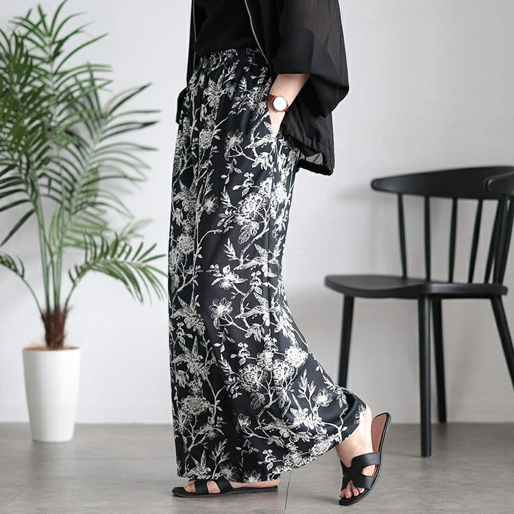大きいサイズ レディース ボタニカルフラワー＆バード柄ワイドパンツ　maru-30033 【メール便可】
