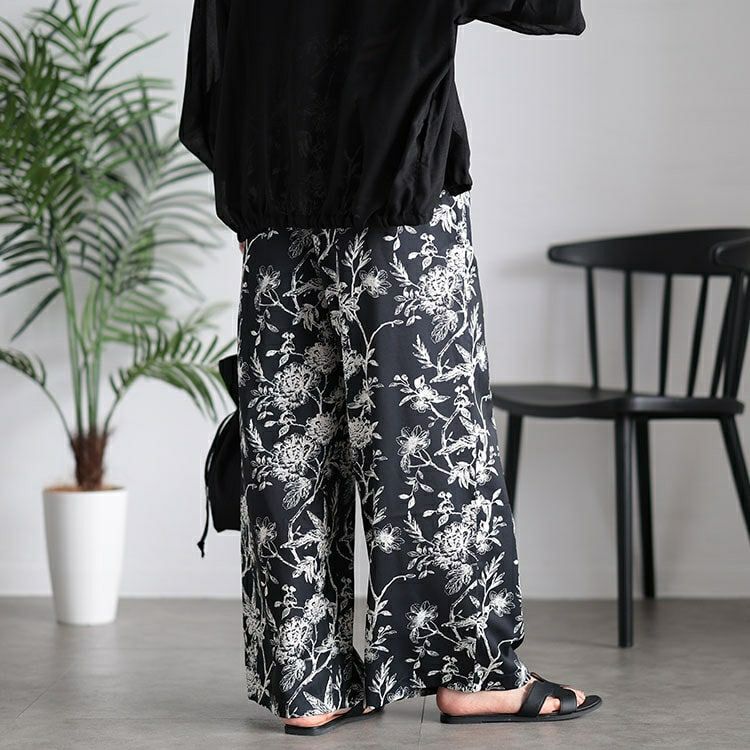 大きいサイズ レディース ボタニカルフラワー＆バード柄ワイドパンツ　maru-30033 【メール便可】