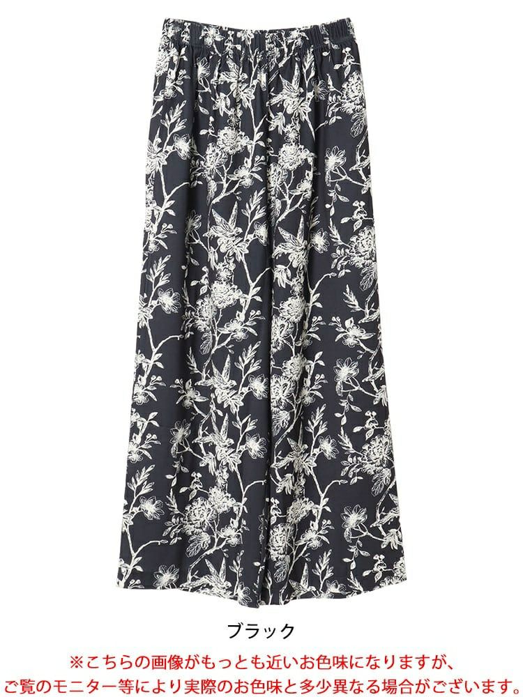 大きいサイズ レディース ボタニカルフラワー＆バード柄ワイドパンツ　maru-30033 【メール便可】