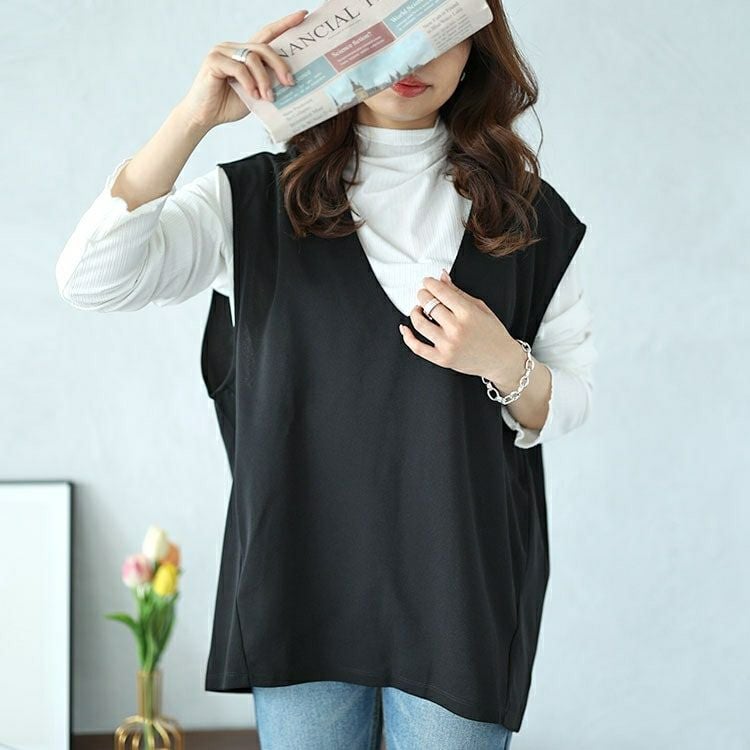 大きいサイズ レディース バックタックコクーンベスト　mncut-142429 【メール便可】