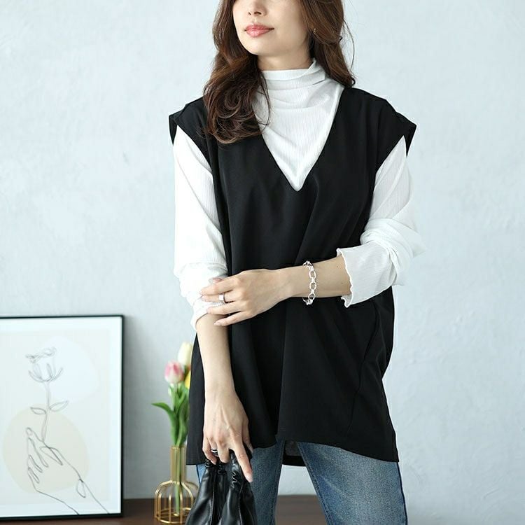 大きいサイズ レディース バックタックコクーンベスト　mncut-142429 【メール便可】