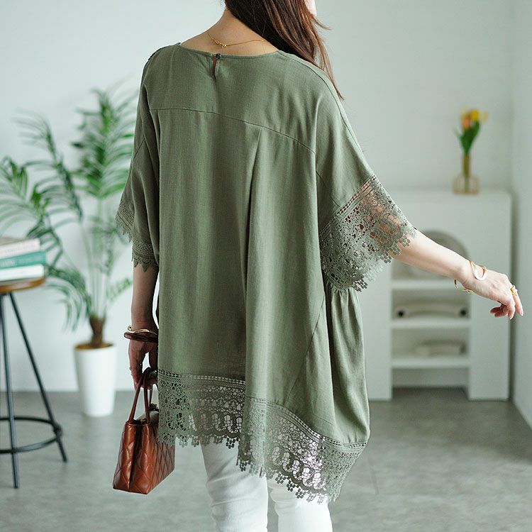 大きいサイズ レディース アシンメトリーレース使い麻混プルオーバー　tog-1002