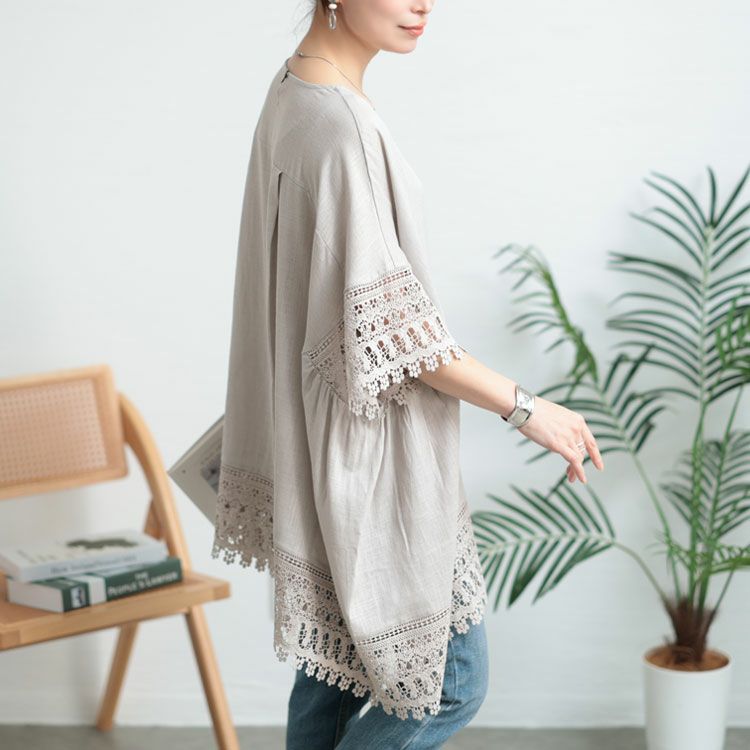 大きいサイズ レディース アシンメトリーレース使い麻混プルオーバー　tog-1002