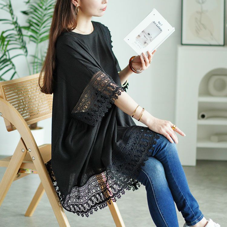 大きいサイズ レディース アシンメトリーレース使い麻混プルオーバー　tog-1002