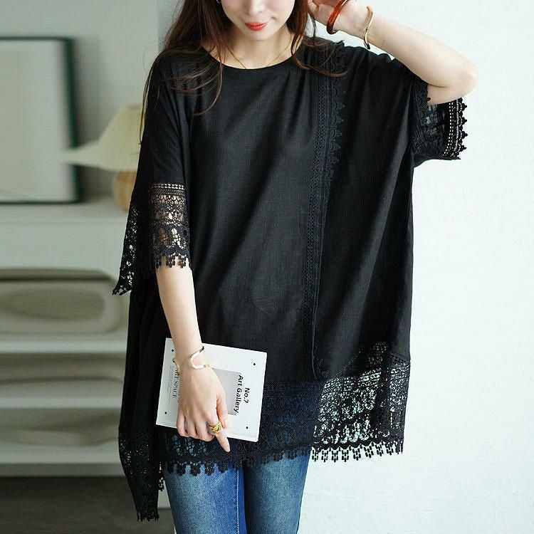 大きいサイズ レディース アシンメトリーレース使い麻混プルオーバー　tog-1002 ブラック