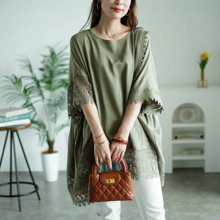 大きいサイズ レディース アシンメトリーレース使い麻混プルオーバー　tog-1002 カーキ