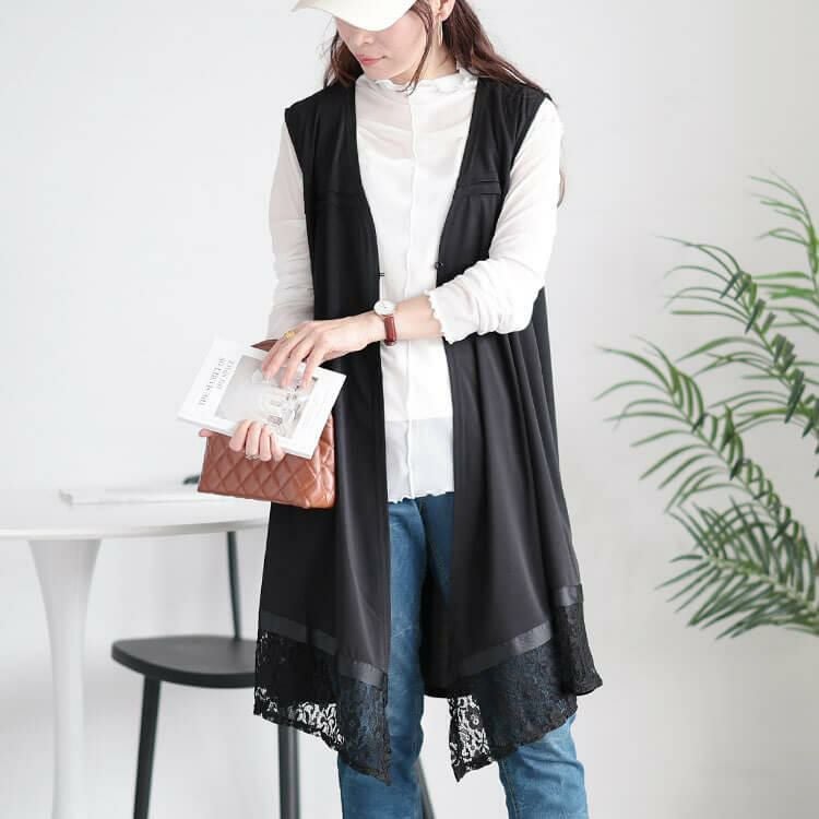 大きいサイズ レディース レース切り替えジレ　tog-1001 ブラック