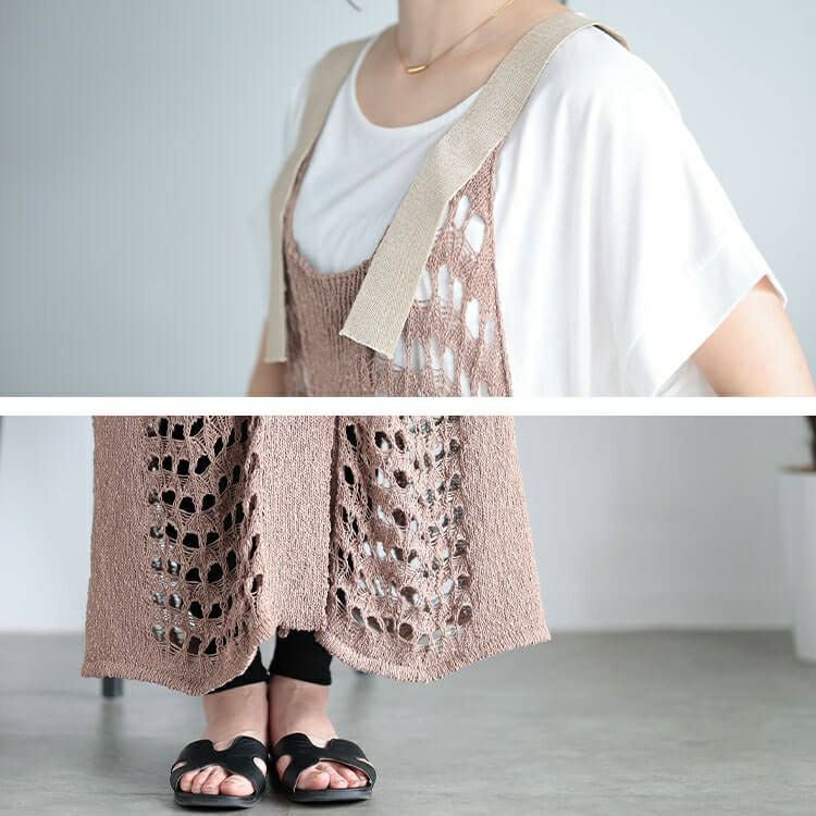 大きいサイズ レディース 透かし編みレーススリットサロペットワンピース　and-aa5077