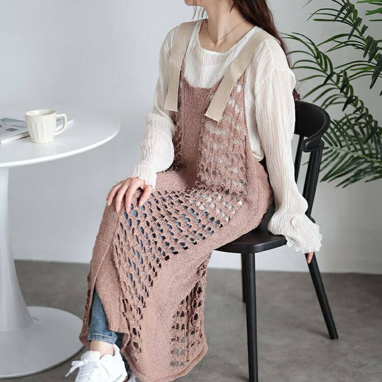 大きいサイズ レディース 透かし編みレーススリットサロペットワンピース　and-aa5077