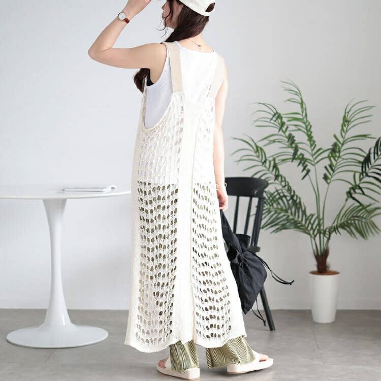 大きいサイズ レディース 透かし編みレーススリットサロペットワンピース　and-aa5077
