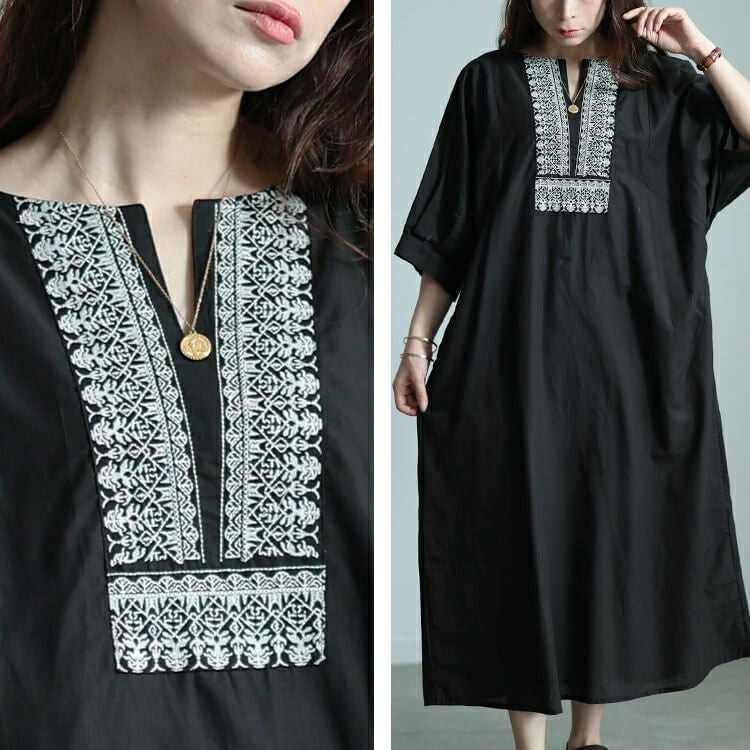 大きいサイズ レディース エスニック刺繍キーネックインド綿ワンピース　kt-24mi3 【メール便可】