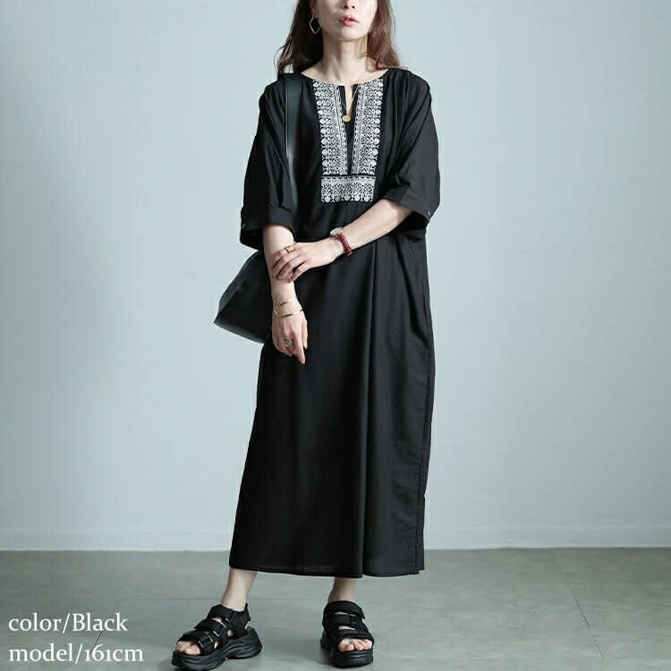 大きいサイズ レディース エスニック刺繍キーネックインド綿ワンピース
